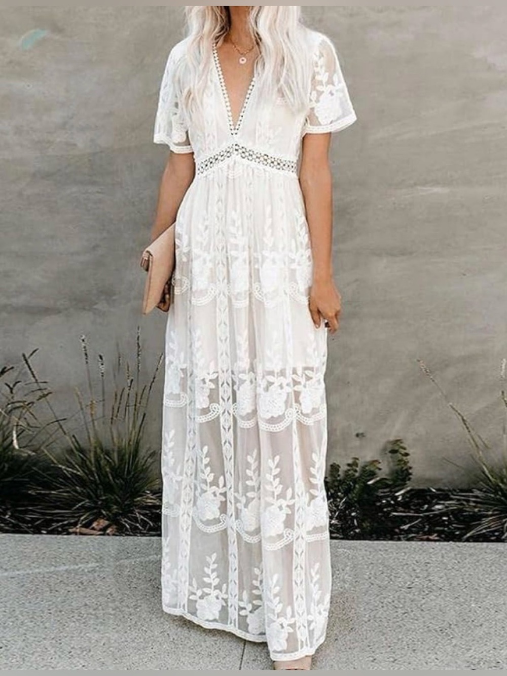 NWT Pink Lily White Ivory Lace Maxi Dress Sz Lg Boho Flowy